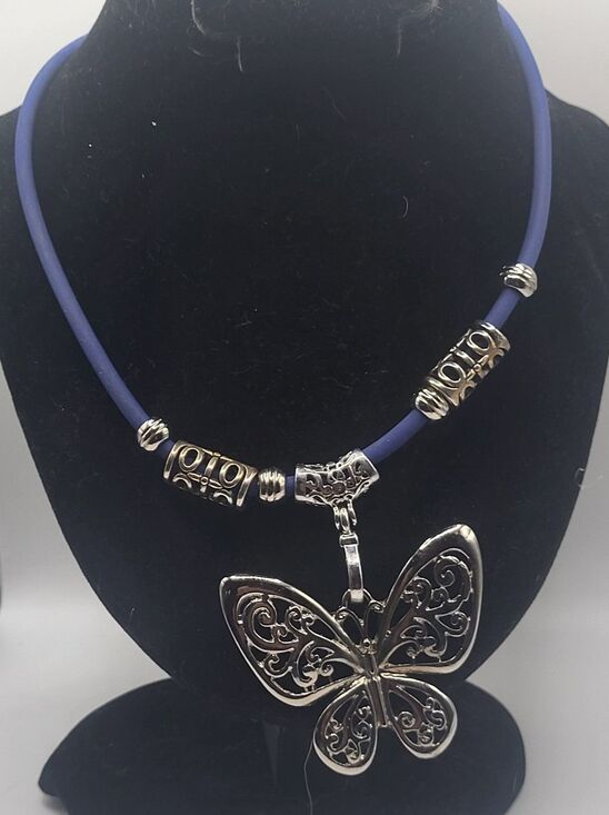 LaPepita Jewelry - LaPepita Openwork Butterfly Charm Pendant Blue Silicone Necklace Chunky 14in